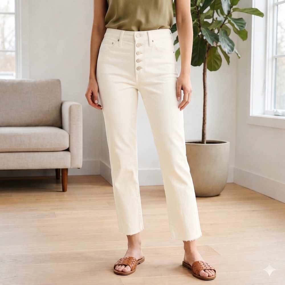 J.Crew High-Rise Vintage Straight Leg Cropped Jean in White/Ivory Size 27
